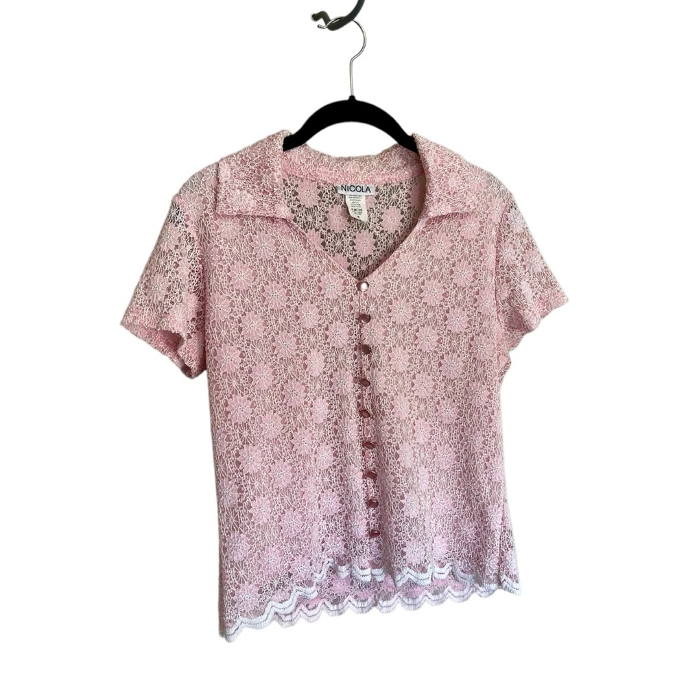 Vintage Nicola pink floral lace collared short sleeve top coquette soft girl M